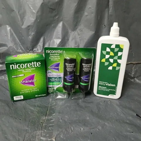 APPROXIMATELY 20 HEALTH AND BEAUTY PRODUCTS TO INCLUDE NICORETTE INHALATORS, NICORETTE MOUTH SPRAYS AND CONTACT LENS CLEANING SOLUTION