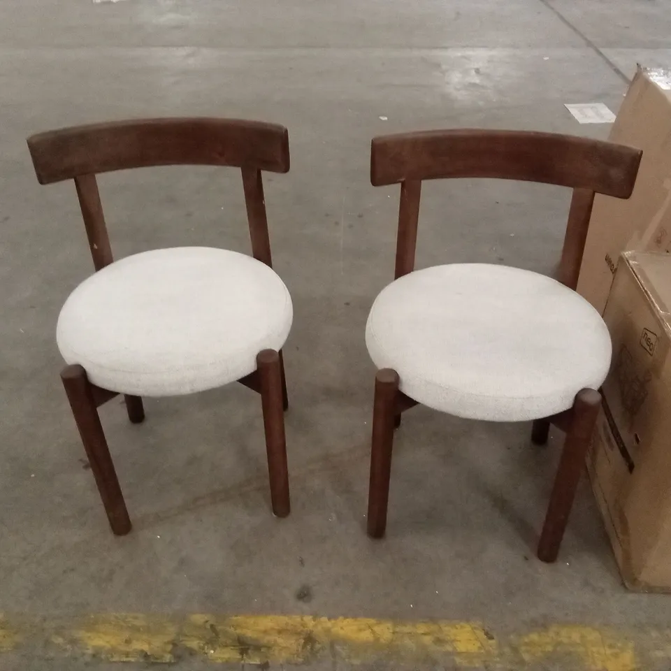 SET OF 2 DESIGNER DINING CHAIRS - BEIGE FABRIC SEAT WITH DARK WOOD FRAME
