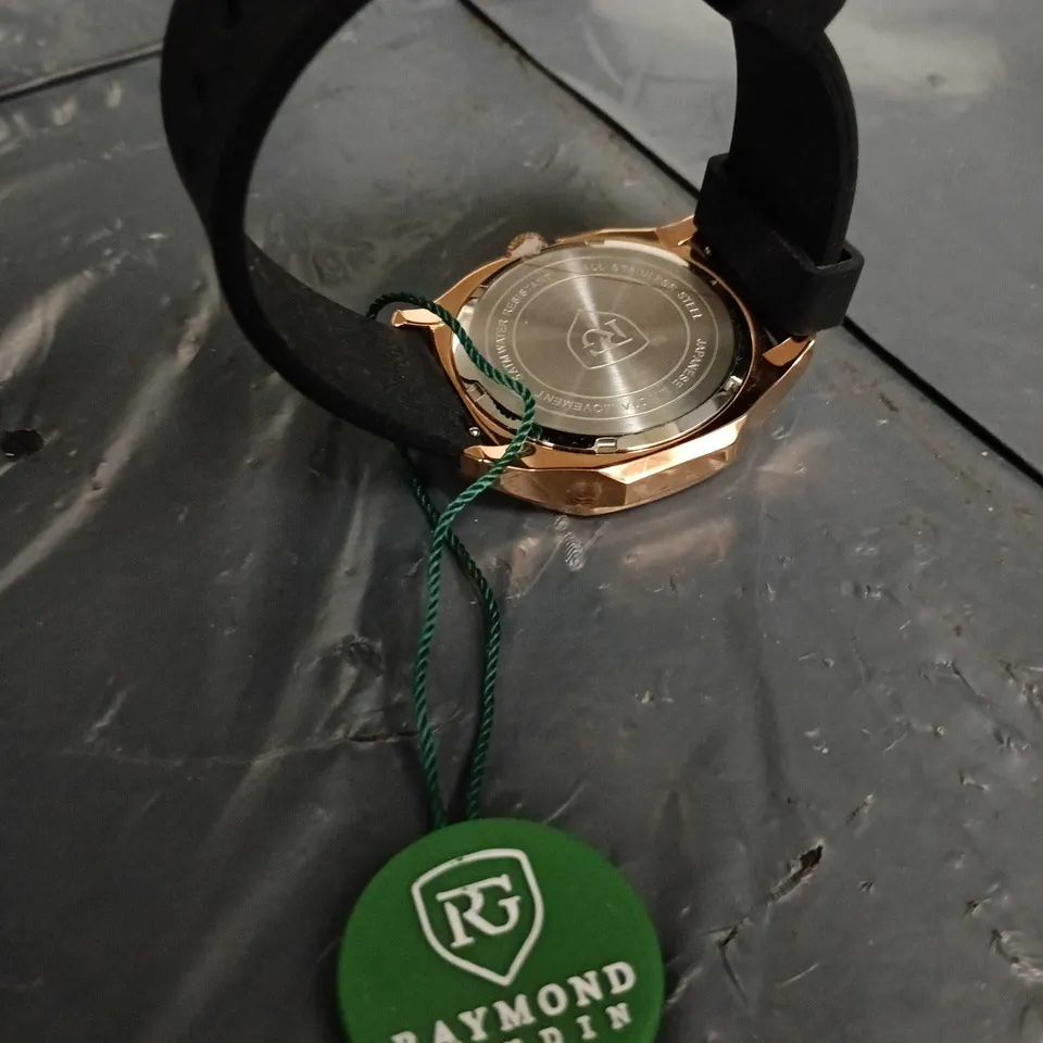 RAYMOND GAUDIN ROSE GOLD TONE WATCH – BLUE DIAL, BLACK STRAP