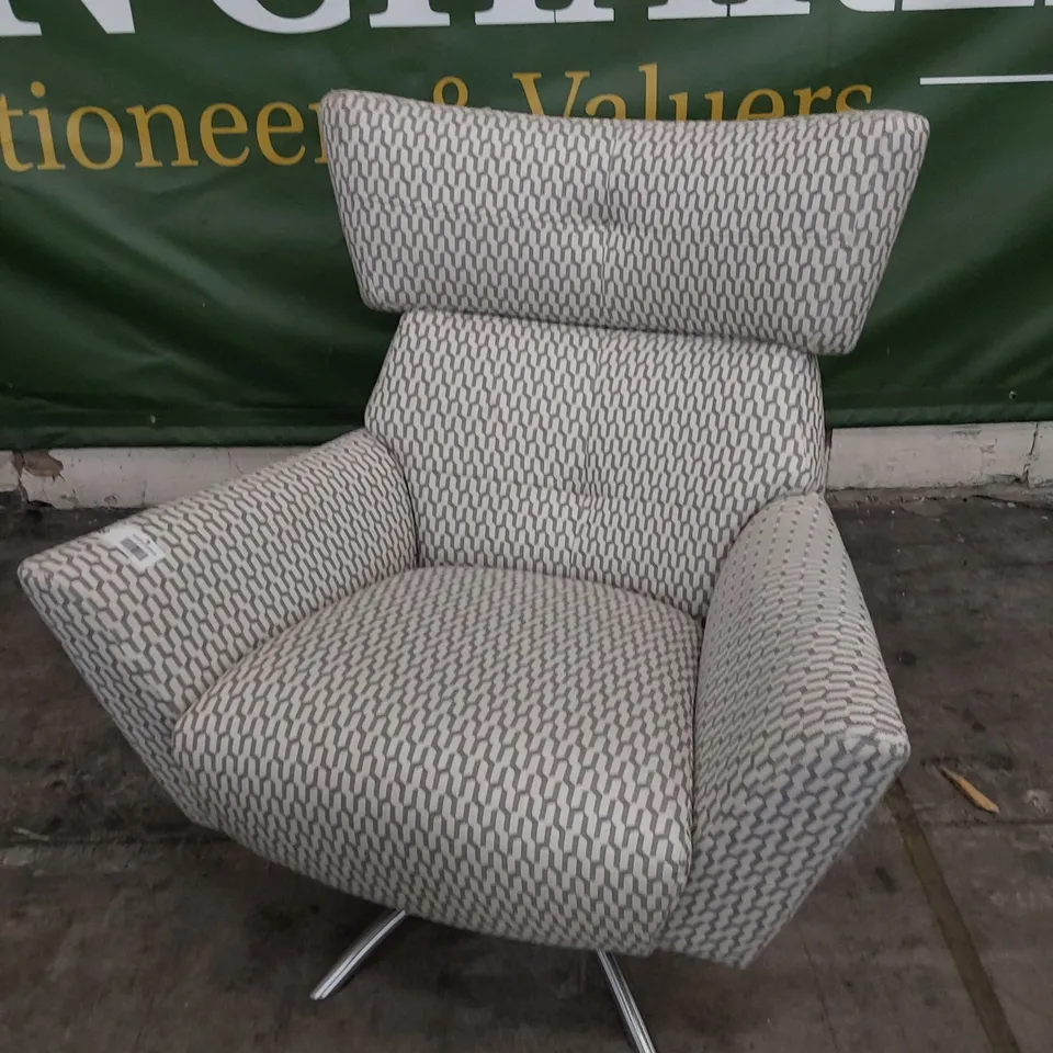 QUALITY BRITISH DESIGNER LOUNGE Co. JACOB UPHOLSTERED SWIVEL CHAIR ON STAR BASE GEOMETRIC GREY/BEIGE FABRIC 