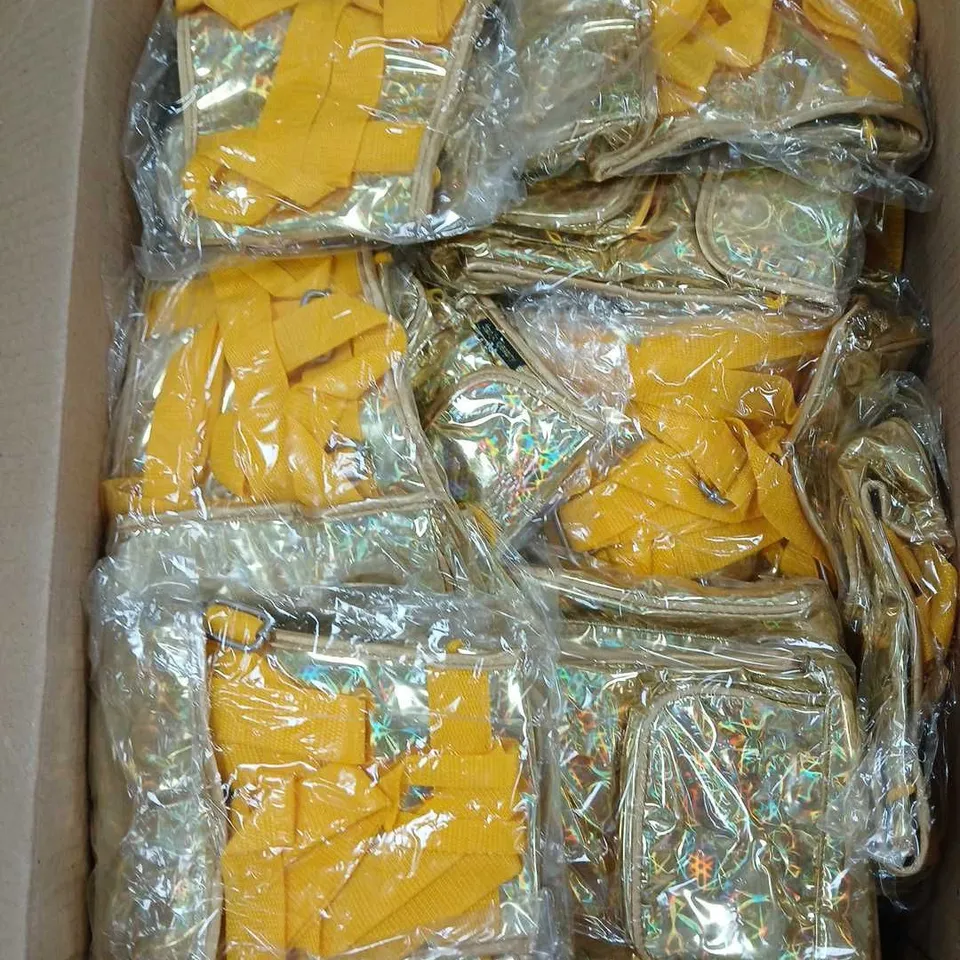 BOX OF APPROX 60 BAGS UNLIMITED HOLOGRAPHIC MINI BACKPACKS IN GOLD