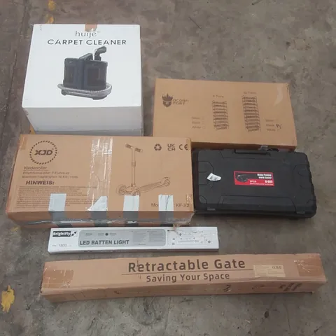 PALLET OF ASSORTED ITEMS INCLUDING: CARPET CLEANER, KIDS SCOOTER, RETRACTABLE GATE, SHOE RACK, PAVING SUCTION PUMP, LED BATTEN LIGHT ECT