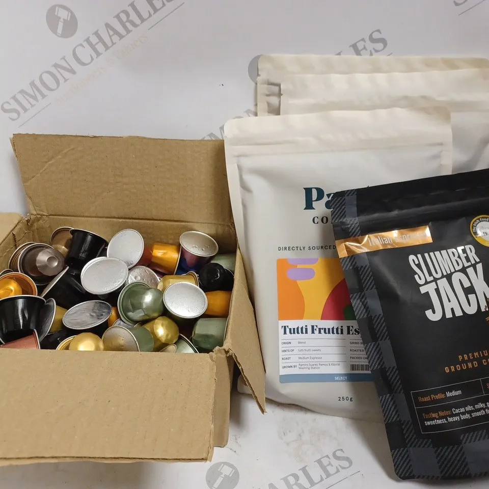 BOX OF COFFEE MACHINE PODS, 3 PACKS OF PACT COFFEE AND A SLUMBER JACKS GROUND COFFEE 