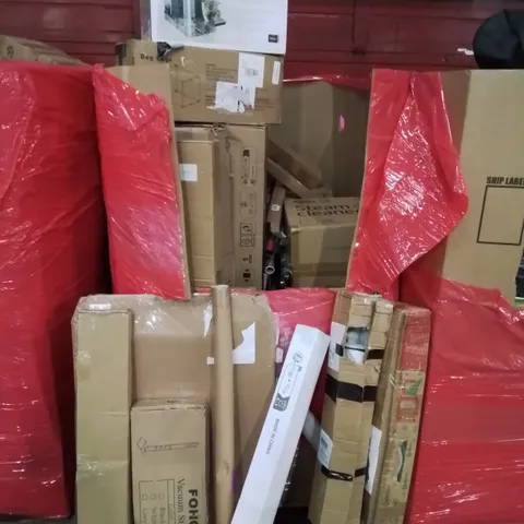 PALLET CONTAINING VARIOUS ASSORTED PRODUCTS INCLUDING: CURTAIN POLLS, LAMINATED FLOOR CUTTER, DOG CAGE, WATER BOILER/COOLER AND LOTS MORE UNMARKED BOXED ITEMS 