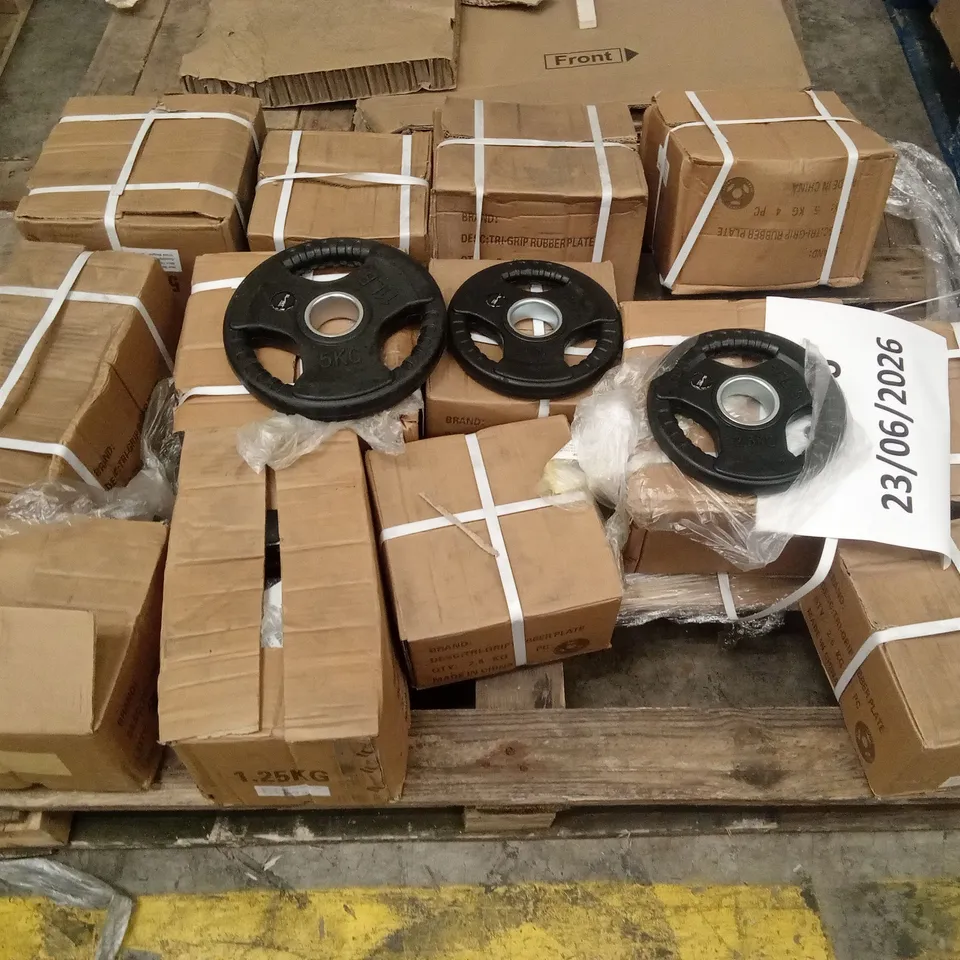 PALLET TO CONTAIN APPROXIMATELY 64 BRAND NEW TRI-GRIP RUBBER PLATES // WEIGHTS VARY