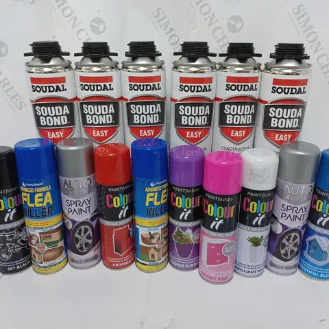 APPROXIMATELY 16 ASSORTED AEROSOLS TO INCLUDE SOUDAL SOUDA BOND EASY (750ml), PETSHIELD ADVANCED FLEA KILLER (200ml), PAINTFACTORY COLOUR IT JET BLACK (250ml), ETC - COLLECTION ONLY
