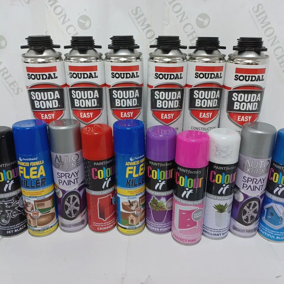 APPROXIMATELY 16  ASSORTED AEROSOLS TO INCLUDE SOUDAL SOUDA BOND EASY (750ml), PETSHIELD ADVANCED FLEA KILLER (200ml), PAINTFACTORY COLOUR IT JET BLACK (250ml), ETC - COLLECTION ONLY