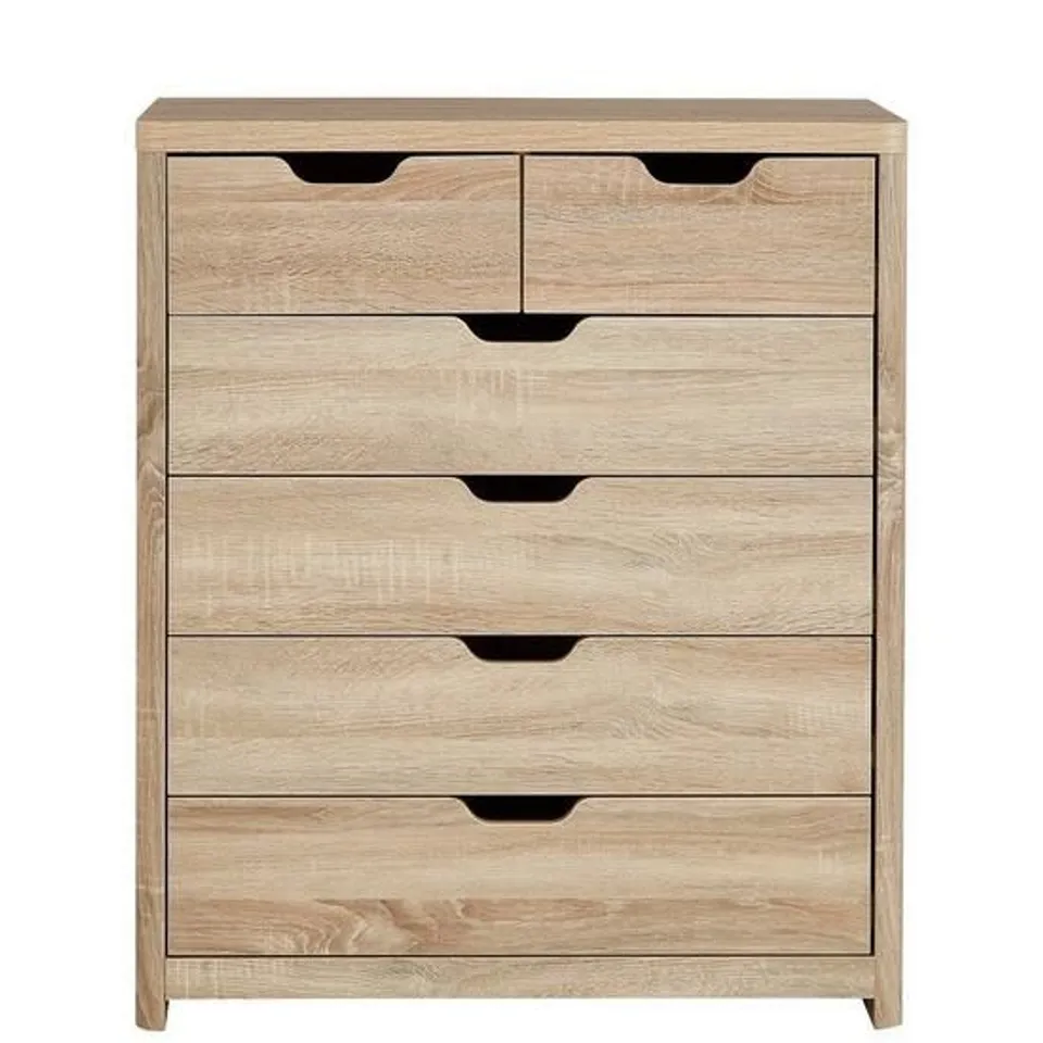 BOXED GRADE 1 ASPEN OAK-EFFECT 4+2 DRAWER CHEST (1 BOX) RRP £159.99