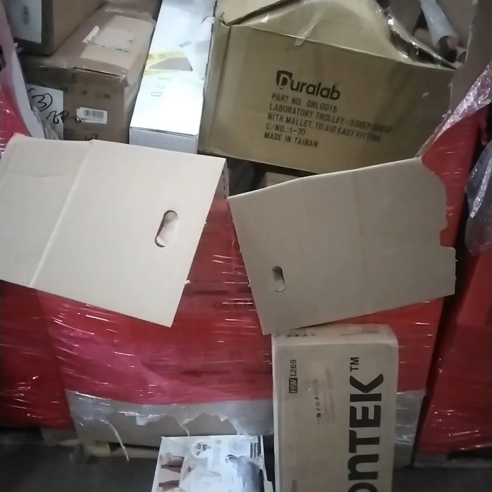 A PALLET CONTAINING ASSORTED HOUSEHOLD GOODS AND PRODUCTS TO INCLUDE; TV WALL MOUNT, KIDS CHAIR, STEAM CLEANER, BOXED FURNITURE ETC