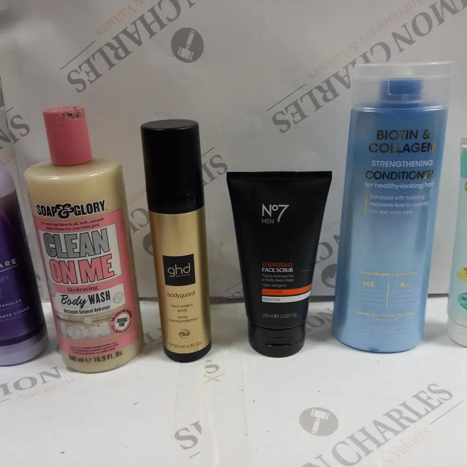BOX OF APPROXIMATELY 20 ASSORTED COSMETIC ITEMS TO INCLUDE AFFIRMCARE DETANGLER, GHD HEAT PROTECT, CHILDS FARM NAPPY CREAM ETC