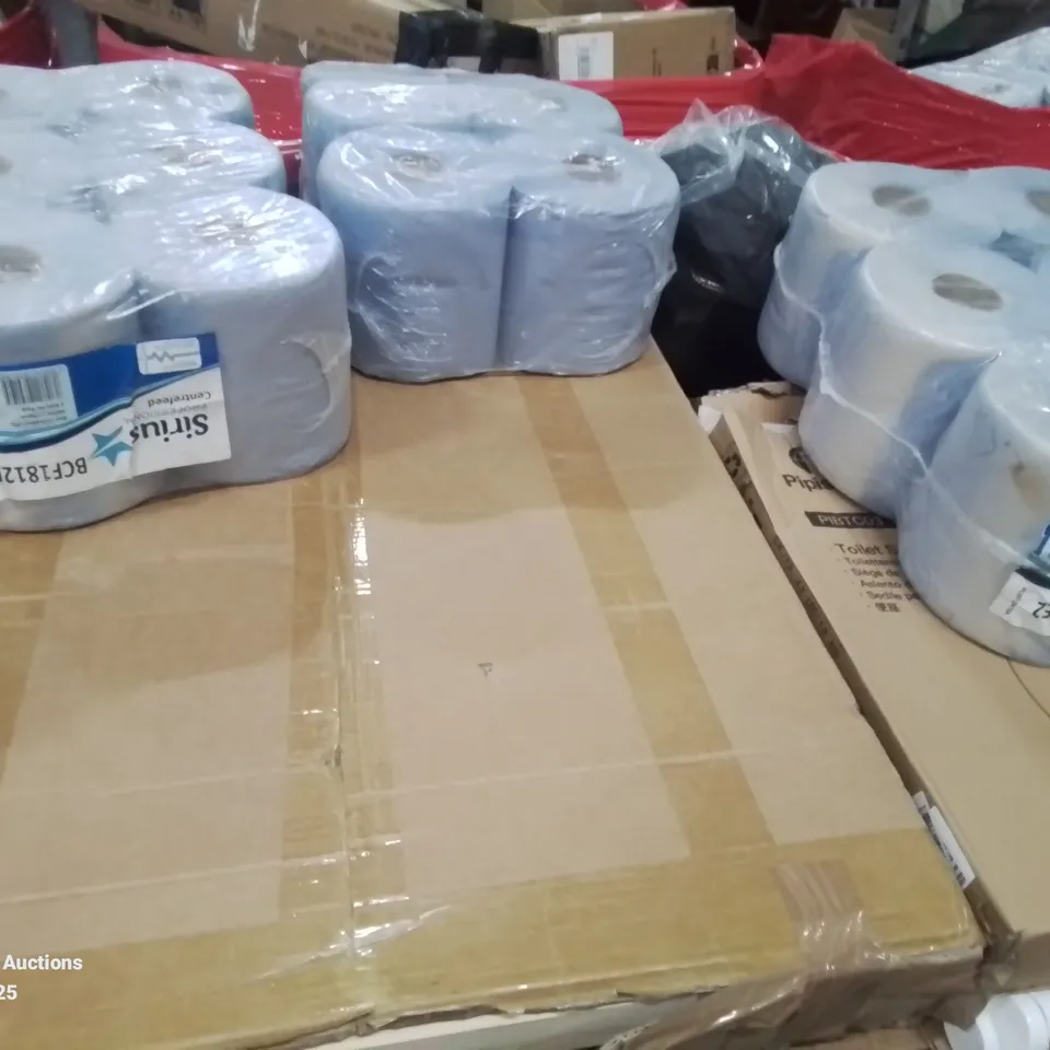 PALLET CONTAINING VARIOUS ASSORTED ITEMS TO INCLUDE: BLUE ROLL, TOILET SEATS, PIN BOARDS, MATTRESS TOPPER AND LOTS MORE UNMARKED BOXED ITEMS 