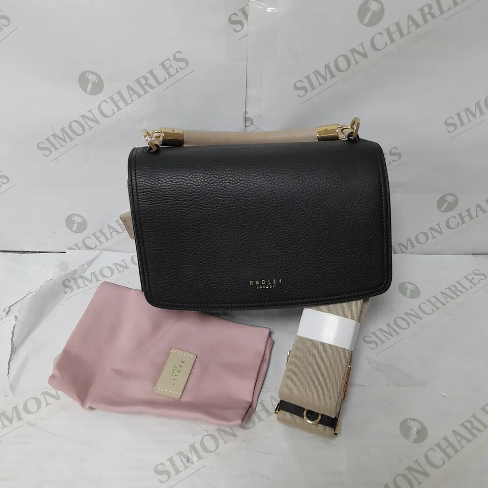 RADLEY LONDON LEATHER HANDBAG IN BLACK W2ITH BEIGE HANDLE AND CROSSBODY STRAP AND GOLD DETAILS