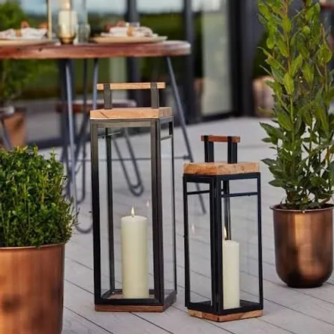 BOXED IVYLINE SMALL BLACK ACACIA WOOD TALL LANTERN GRACE - IVYLINE