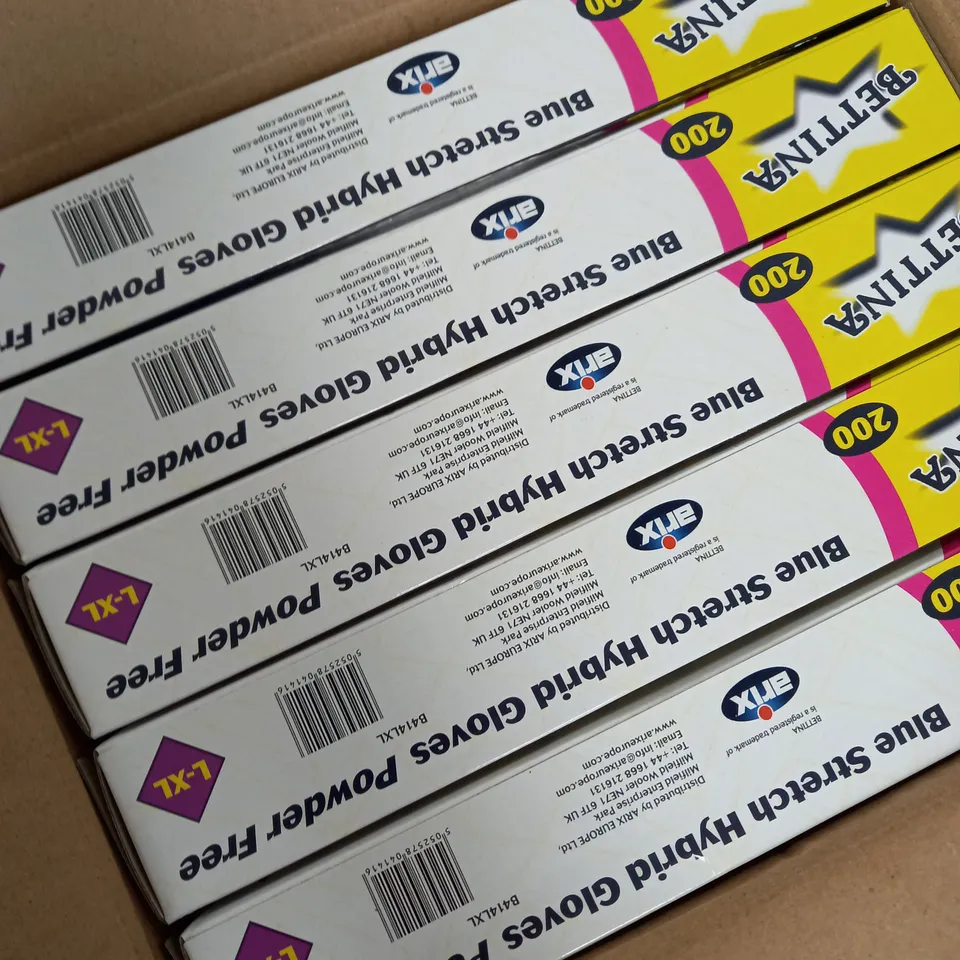 BOX OF 10 PACKS OF BETTINA BLUE STRETCH HYBRID GLOVES POWDER FREE L-XL