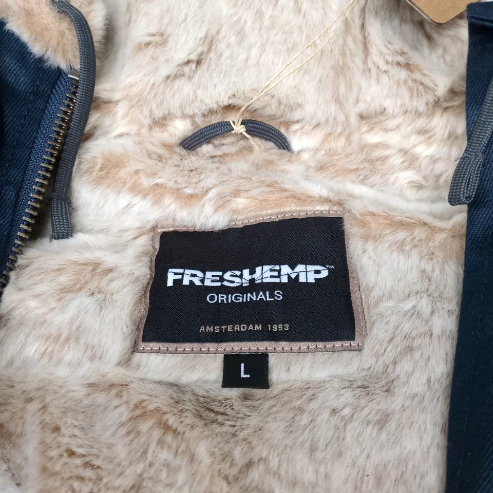 FRESH HEMP ORIGINALS AMSTERDAM 1993 FUR-LINED NAVY PARKA - MEN'S JACKET, SIZE L