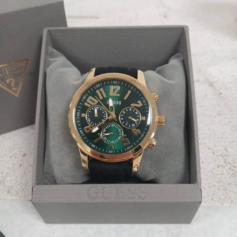 GUESS WATCH – GREEN DIAL, ROSE-GOLD TONE CASE, BLACK STRAP
