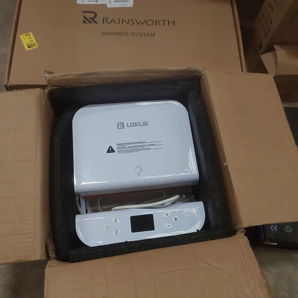 PALLET CONTAINING ASSORTED ITEMS TO INCLUDE: TUBLER HEAT PRESS, CEILING LIGHT, CROSS-LINE LASER LEVEL, SHOWER SYSTEM, RUG ECT