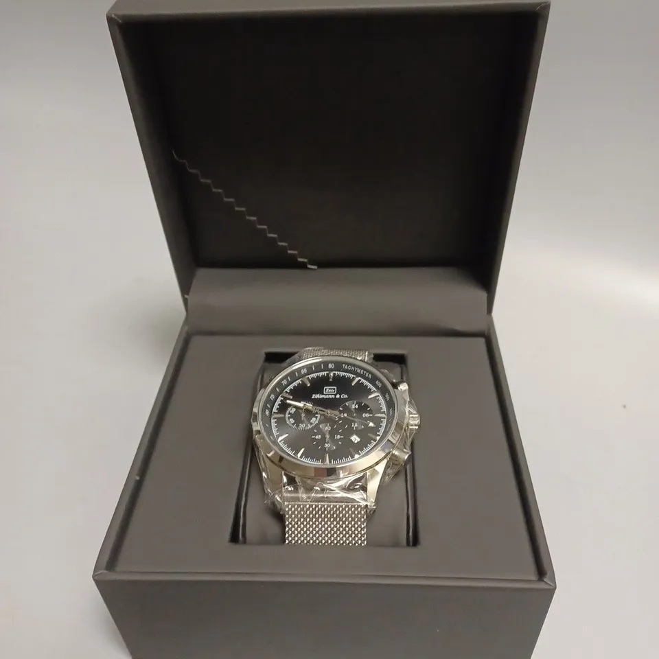 ZIHLMANN & CO STAINLESS STEEL BLACK DIAL CHRONOGRAPH WATCH