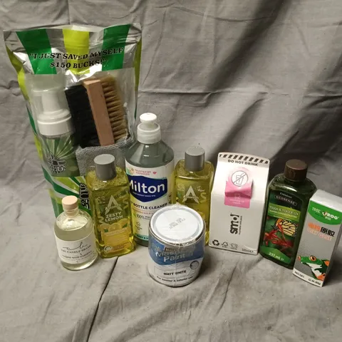 APPROXIMATELY 16 ASSORTED HOUSEHOLD LIQUID PRODUCTS TO INCLUDE SMOL WASHING UP LIQUID, MASONRY PAINT, BABY BOTTLE CLEANER, ETC - COLLECTION ONLY