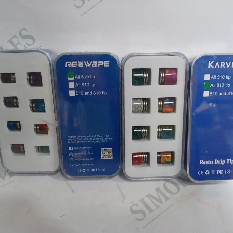 BOX OF APPROX 18 VAPE ACCESSORIES TO INCLUDE - REEWAPE DRIP TIP KIT 510 & KARVEN RESIN DRIP TIPS 810