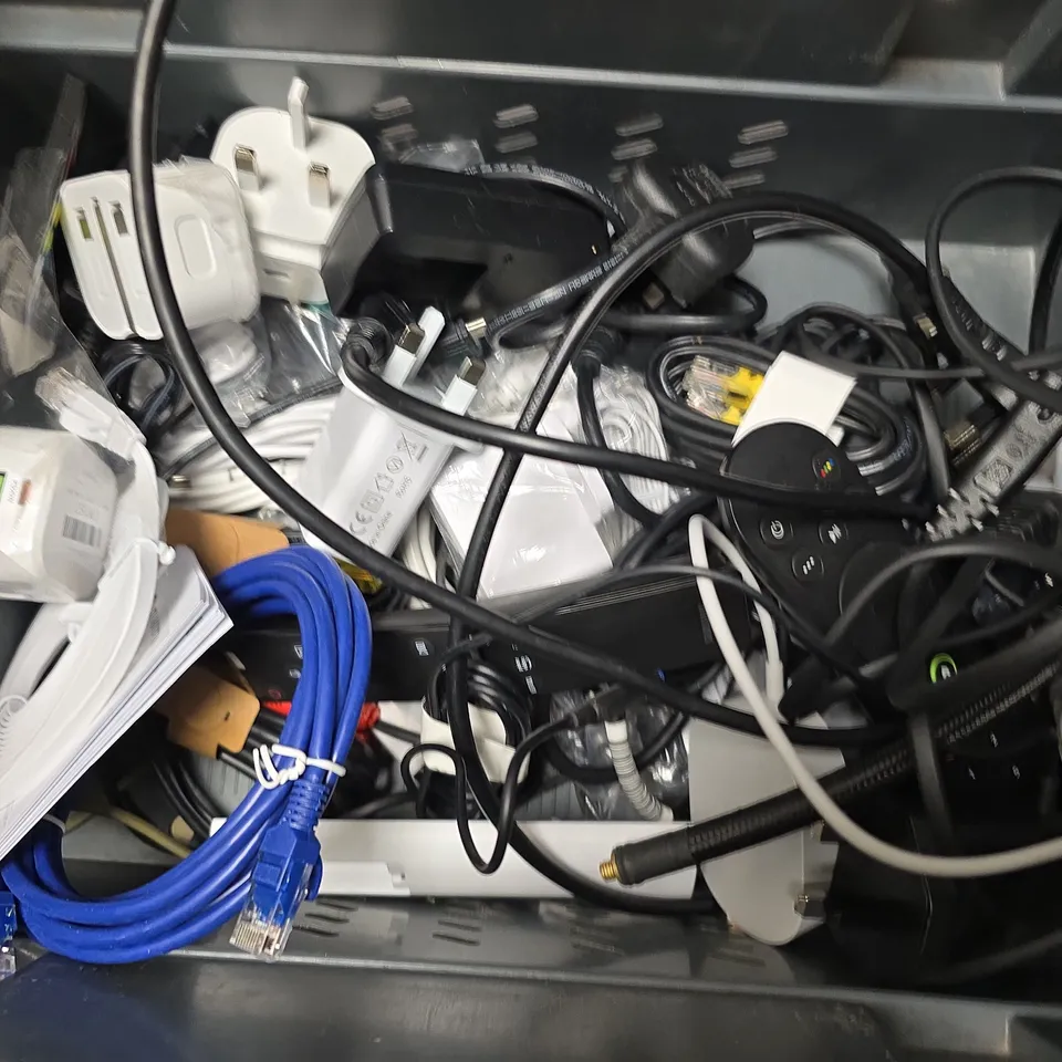 APPROXIMATELY 12 ASSORTED HOUSEHOLD ITEMS TO INCLUDE ROUTERS, TV REMOTES, CABLES, ETC
