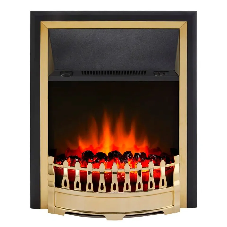 BOXED GLEN DIMPLEX CROFTON OPTIFLAME ELECTRIC INSET FIRE, TRADITIONAL STYLE ELECTRIC FIRE WITH BRASS FINISH