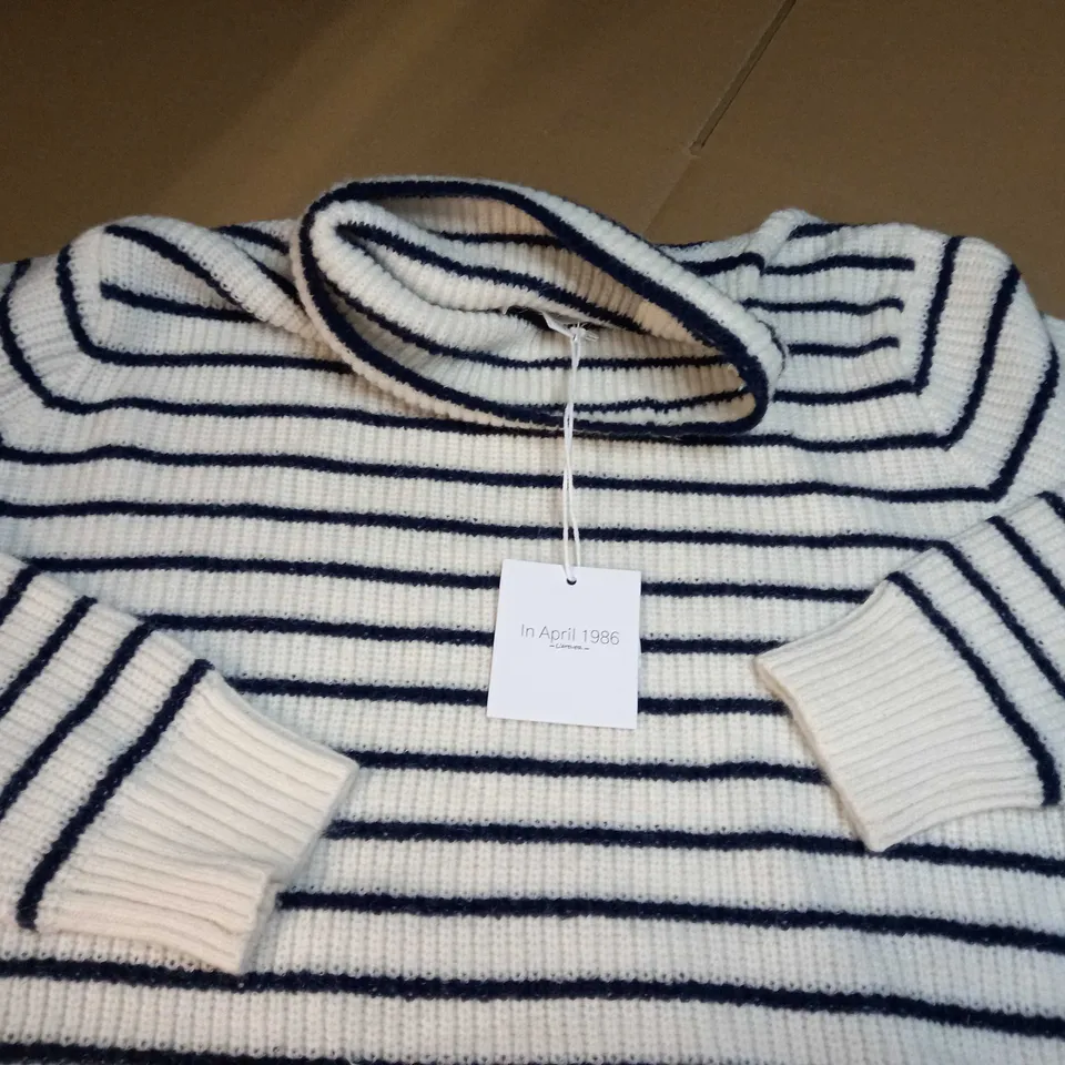 IN APRIL 1986 NAVY/STRIPE POLO NECK JUMPER 