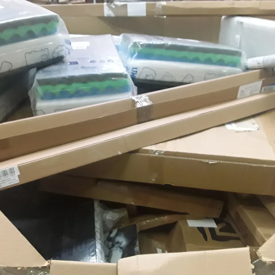 PALLET CONTAINING ASSORTED HOUSEHOLD PRODUCTS INCLUDING WINDOW AWNING DOOR CANOPY, 10 PACK ANIMAL BARRIER FENCE, ROLLER BLIND & ASSORTED FOAM PACKS