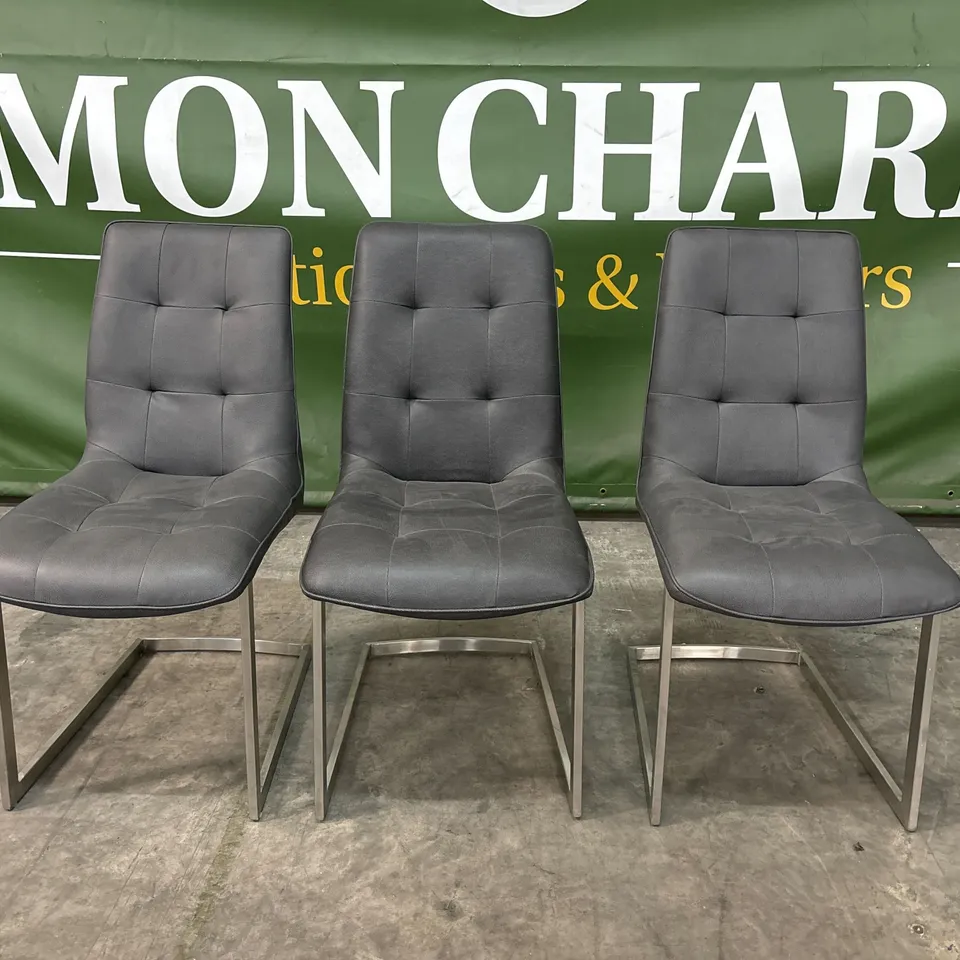 SET OF 3 DESIGNER LEATHER GREY DINING CHAIRS (3 ITEMS)