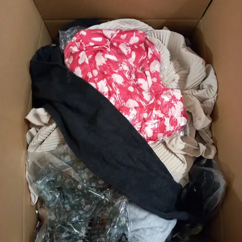 BOX OF ASSORTED CLOTHING ITEMS TOO INCLUDE DRESSES , SHIRTS AND TROUSERS IN VARIOUS SIZES AND COLOURS   