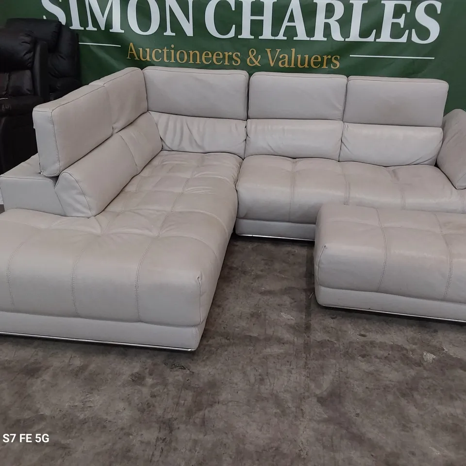 QUALITY ITALIAN DESIGNER VALENTINA CORNER GROUP WITH ADJUSTABLE HEADRESTS & FOOTSTOOL LIGHT GREY LEATHER