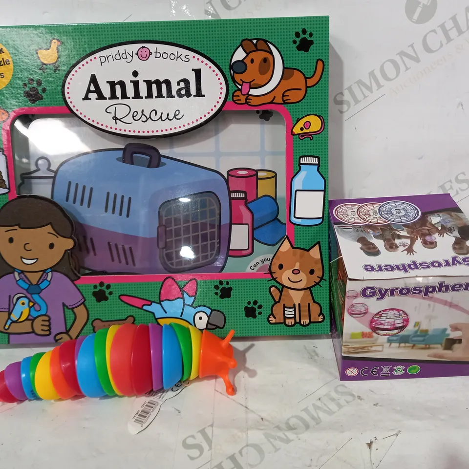 BOX OF APPROXIMATELY 20 ASSORTED TOYS AND GAMES TO INCLUDE GYROSPHERE, PRIDDY BOOKS ANIMAL RESCUE, WRIGGLY SLUG, ETC