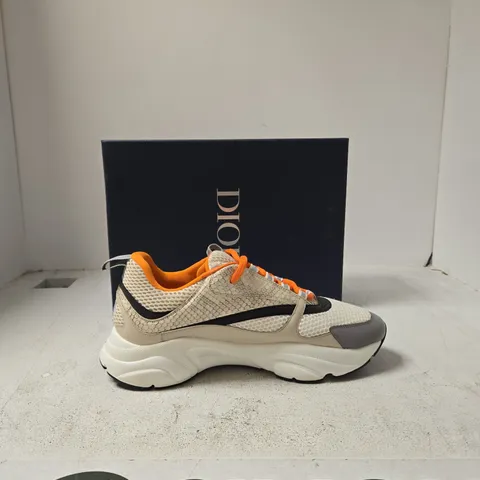 DIOR B22 CALFSKIN SNEAKER – UK 10 (EU 44), BEIGE/GRAY WITH ORANGE LACES
