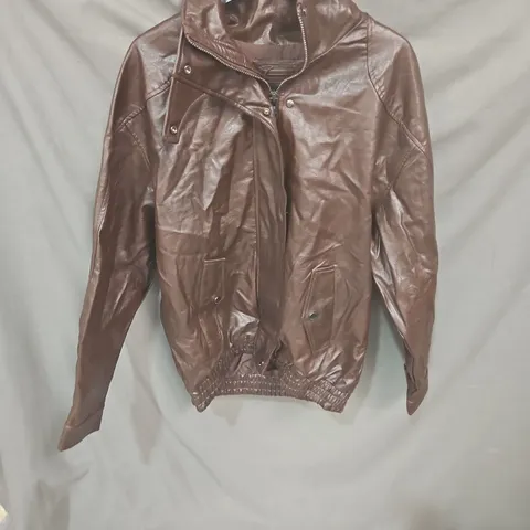 BERSHKA BROWN FAUX LEATHER BOMBER JACKET – UK XS (EU XS)