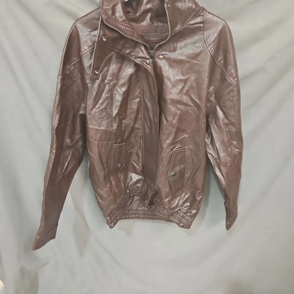 BERSHKA BROWN FAUX LEATHER BOMBER JACKET – UK XS (EU XS)