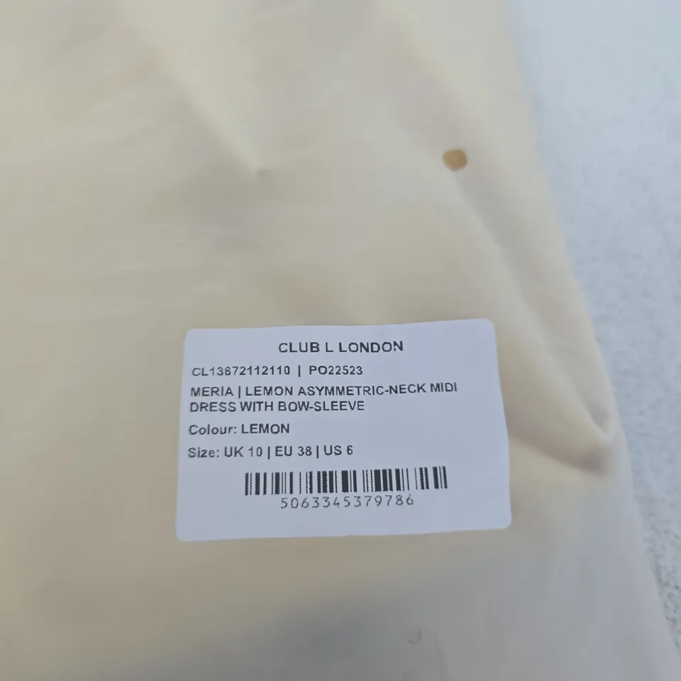 CLUB LONDON LEMON ASYMMETRIC-NECK MIDI DRESS WITH BOW-SLEEVE – UK 10