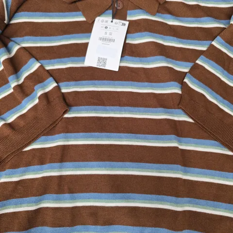 BERSHKA SHORT SLEEVE STRIPED POLO TOP IN BROWN/MULTI SIZE SMALL
