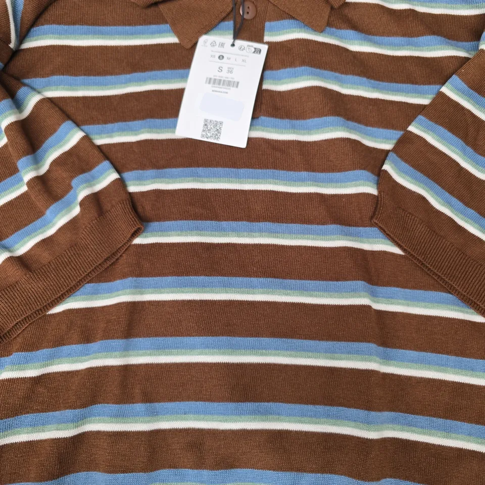 BERSHKA SHORT SLEEVE STRIPED POLO TOP IN BROWN/MULTI SIZE SMALL
