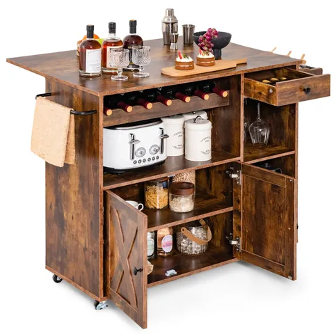 BOXED ROLLING KITCHEN ISLAND BUFFET SERVING CART WITH DROP LEAF - RUSTIC BROWN