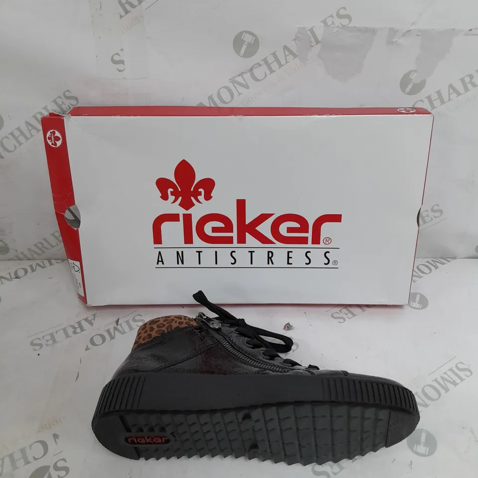 BOXED PAIR OF RIEKER HIGH TOP LEOPARD CUFF TRAINERS BLACK SIZE 5