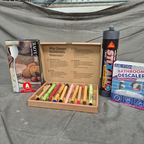 APPROXIMATELY 15 ASSORTED HOUSEHOLD ITEMS TO INCLUDE BATHROOM DESCALER, SPOONS AND SIKA SEALANT