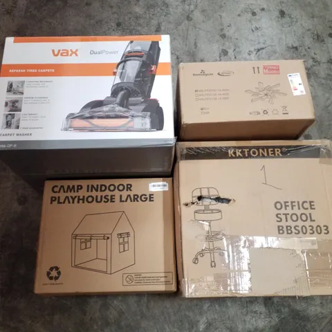PALLET OF ASSORTED PRODUCTS INCLUDING CARPET WASHER, INDOOR LARGE, OFFICE STOOL, LED CEILING FAN