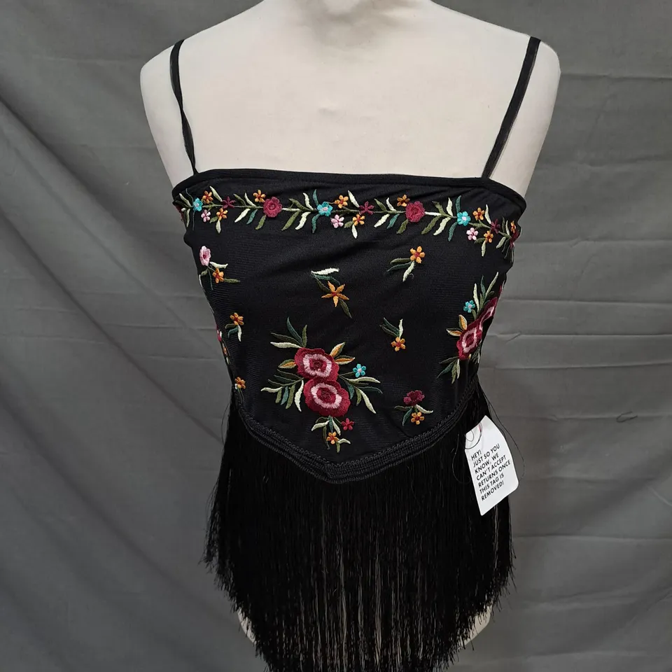 MISS SELFRIDGE FRINGE EMBROIDERED FLORAL TOP IN BLACK SIZE 8