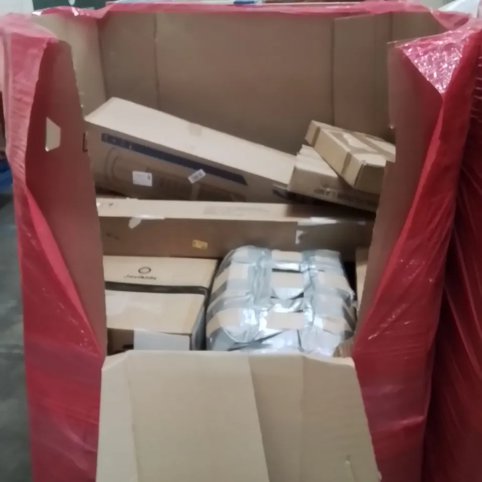 PALLET OF ASSORTED HOUSEHOLD ITEMS AND CONSUMER PRODUCTS TO INCLUDE; OFFICE CHAIR, AIR COOLERS, AIR FRYER, LED PARASOL ETC