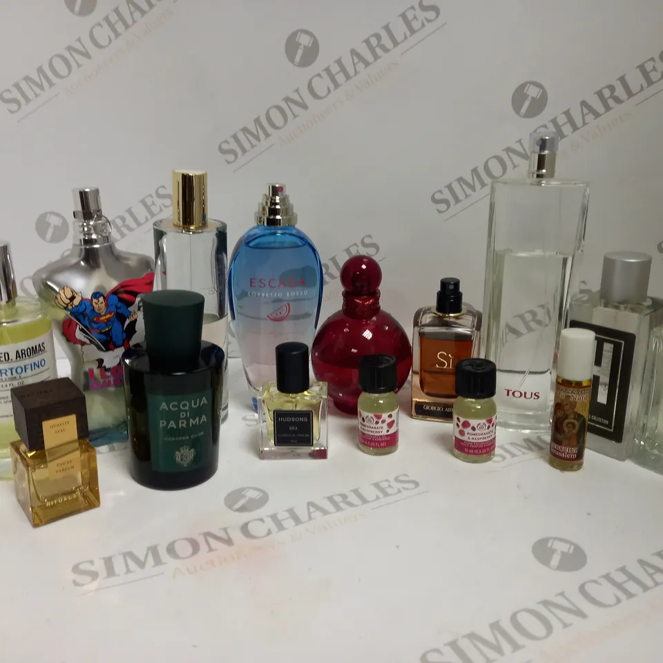 APPROXIMATELY 20 ASSORTED UNBOXED FRAGRANCES TO INCLUDE; JEAN PAUL GAULTIER, GIORGIO ARMANI, SORBETTO ROSSO, NOTED AROMAS, NARDO NARD AND RITUALS