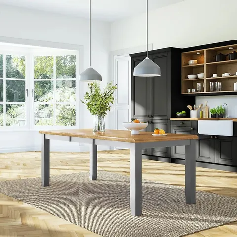 BOXED HIGHBURY EXTENDING DINING TABLE, 150-200CM, NATURAL OAK FINISH & GREY SOLID HARDWOOD (2 BOXES)