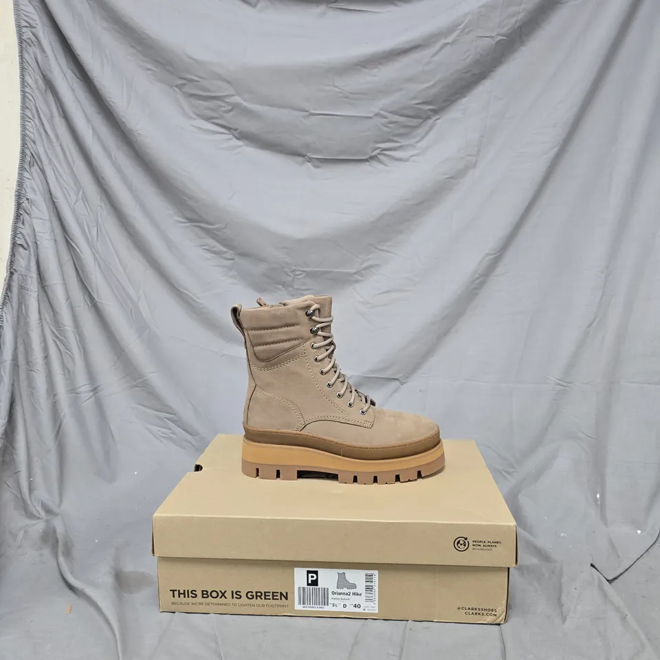 CLARKS TAN SUEDE ANKLE BOOTS – HIKING STYLE, PAIR, UK 7 (EU 40) – BOX INCLUDED