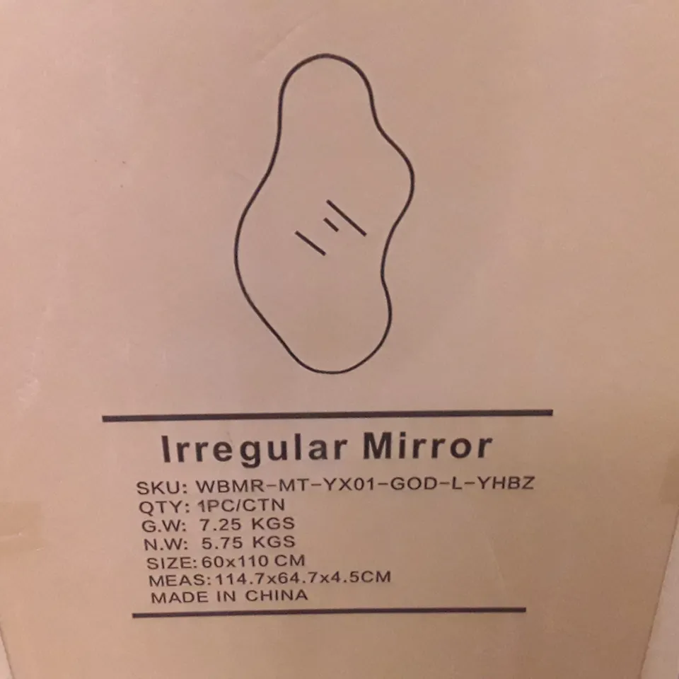 BOXED 24 IN. W X 43 IN. H IRREGULAR GOLD ALUMINUM ALLOY FRAMED ASYMMETRICAL WALL MIRROR