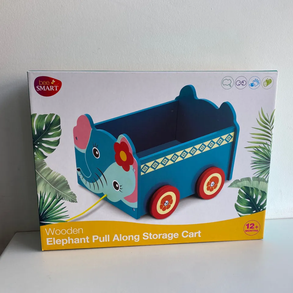BRAND NEW BOXED BEE SMART WOODEN ELEPHANT PULL ALONG STORAGE CART