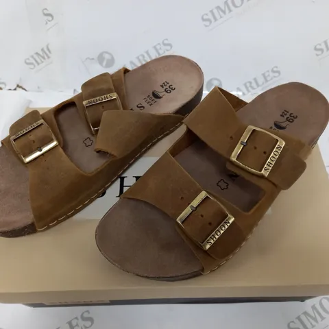 SHOON STROLL TAN NUBUCK SLIP ON SANDALS - 6